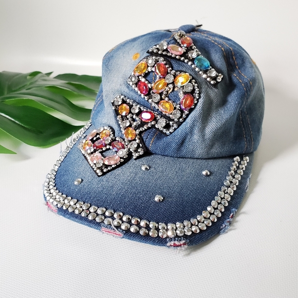 graphic studded frayed hat Accessories - BABY Embellished Denim Jean Destressed Hat Cap